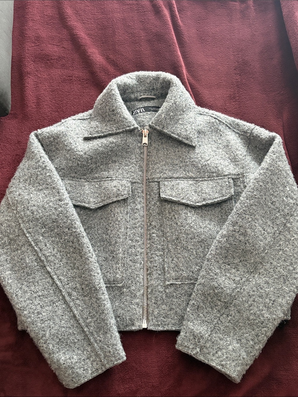 Zara Gray Textured Fleece Bomber Jacket